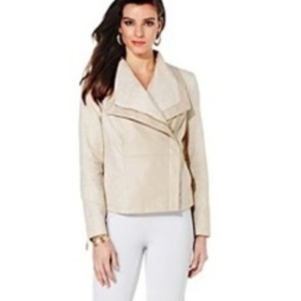 IMAN Linen Leather Moto Jacket Zip Beige Neutral M